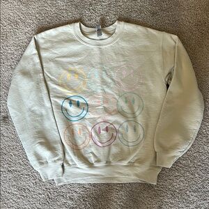 Gildan Cream Crewneck with Colorful Smiley Faces Size S